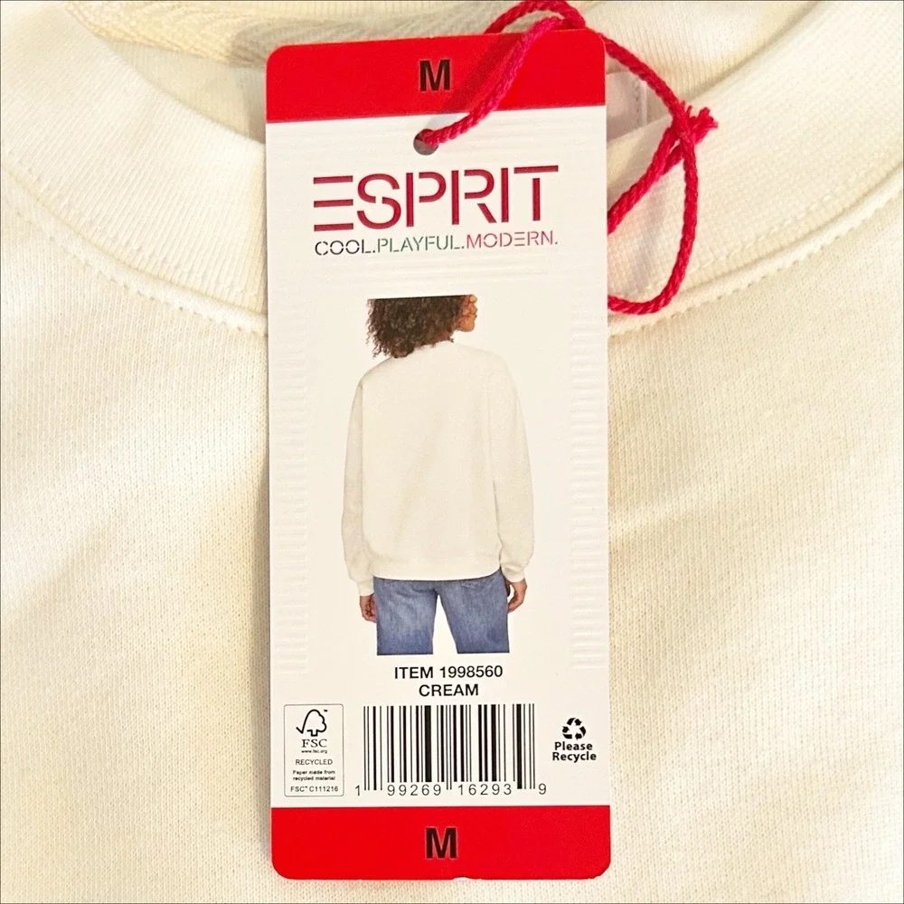 NWT Esprit Embroidered Logo Crewneck Sweatshirt M Cream Retro Viral 80s Costco - Picture 7 of 8
